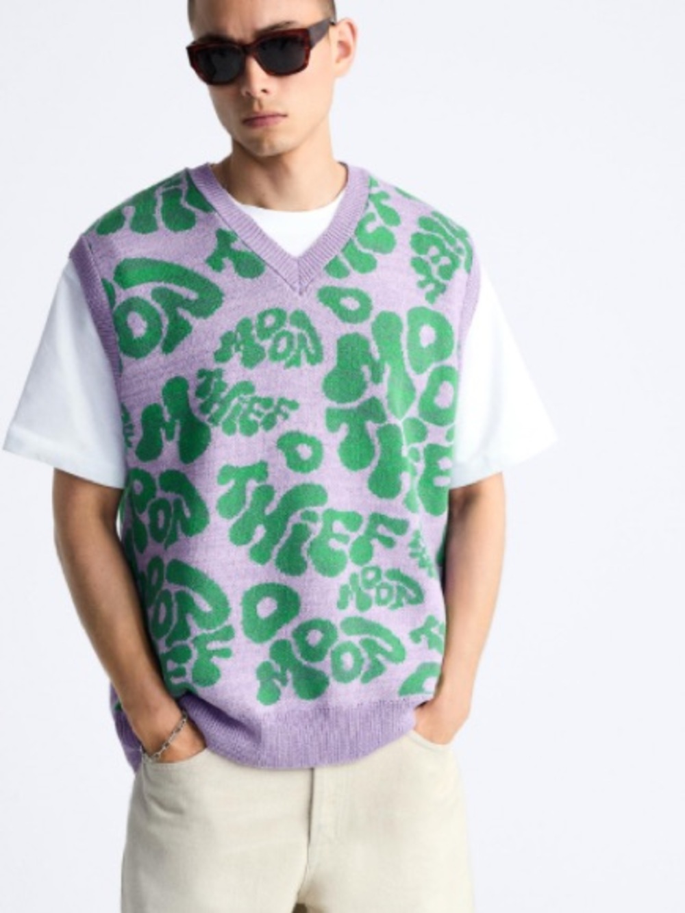 Zara Lavender Knit V‑Neck Sweater Vest with Green Pattern